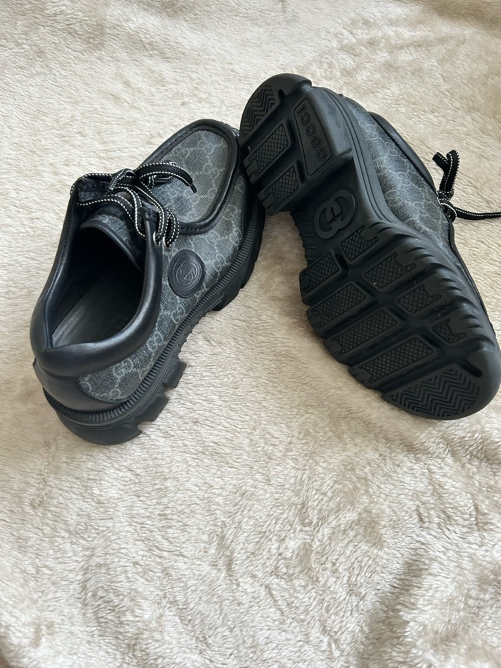 Gucci Men’s Black and Gray GG Canvas Lace-Up Loafers